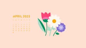 2023年4月日曆，柔和背景上配有粉紅、白色和紫色花朵 — 7680x4320 壁紙