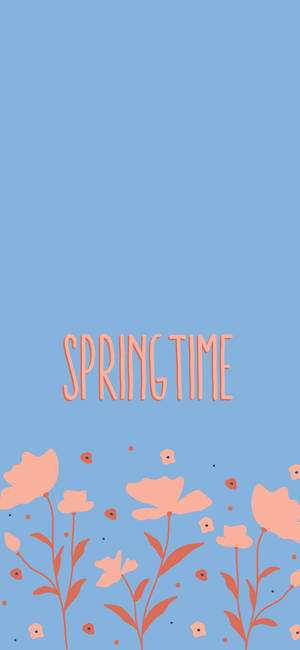 藍色背景上帶有粉紅色花朵的Springtime文字。 — Galaxy S25 Edge 壁紙