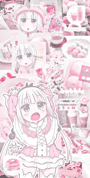 可愛拼貼畫中，動漫女孩被粉紅色糖果和櫻花包圍。 — 美學粉色GIF 壁紙