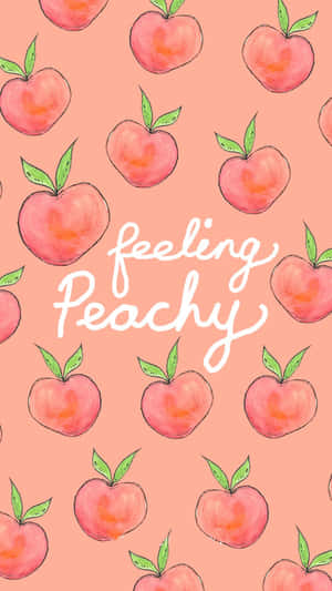 粉紅色桃子圖案，搭配綠色葉片和白色草書文字，寫著feeling Peachy。 — 明亮 壁紙