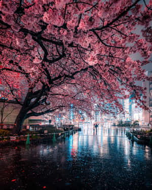粉紅色的櫻花框住夜晚下雨的城市街道，有霓虹反射和一個撐傘的人。 — 櫻花 壁紙