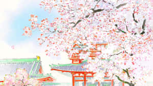 粉紅色的櫻花在帶有紅色大門和綠色屋頂的日本神社上空盛開。 — 魔法森林 壁紙