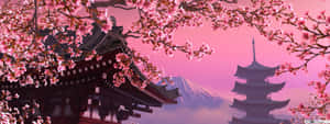 粉紅色的櫻花框住寺廟和寶塔，背景是富士山。 — 日式自然壁紙