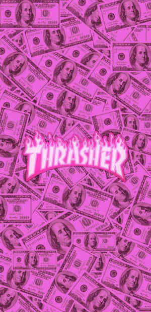粉紅色的錢背景，帶有火焰Thrasher標誌 — Pixel 4 壁紙