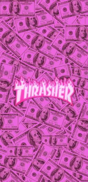 粉紅色的錢背景，帶有燃燒的Thrasher標誌。 — 粉紅色系 壁紙