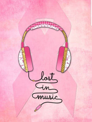 粉紅色耳機帶有絲帶設計和「lost in music」文字，在粉紅色水彩背景上。 — 音樂美學 壁紙