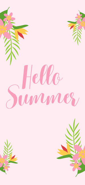 粉紅色背景上，熱帶花卉和樹葉圍繞著「Hello Summer」文字。 — 粉嫩粉彩美學 壁紙