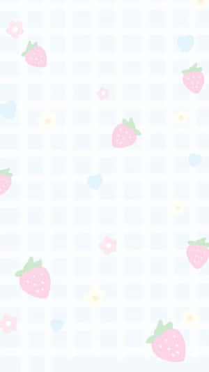 淺藍色網格背景上的粉彩草莓和花朵。 — 粉彩色粉紅 壁紙