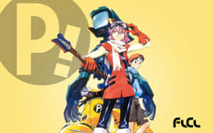 動漫角色在黃色滑板車上，背景有大型 P! 標誌。 — FLCL 壁紙