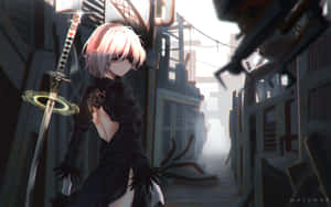 粉紅髮動漫戰士，在反烏托邦小巷中手持發光劍 — 2B GIF 壁紙