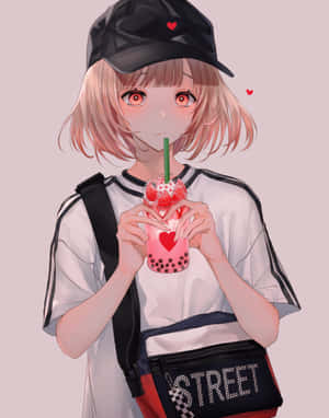 戴帽的動漫女孩喝著心形飲料的草莓泡泡茶，搭配街頭包包。 — 珍珠奶茶 壁紙