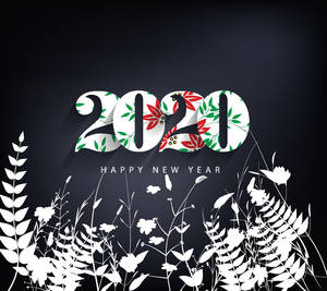 深色背景上帶有花卉圖案和植物剪影的2020新年快樂圖形 — 新年快樂 2020 壁紙