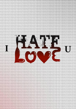 圖形文字寫著 I HATE LOVE U，心形符號置於重複的 hate love 圖案上。 — 字體排印 壁紙