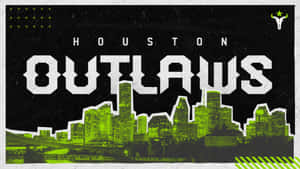Houston Outlaws 團隊標誌，黑色背景上帶有霓虹綠色城市天際線剪影。 — 鬥陣特攻 壁紙