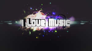 充滿活力的霓虹粒子在深色背景上圍繞著粗體白色文字「I Love Music」爆發。 — 我的旋律 壁紙