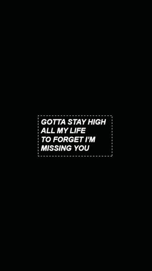 黑色背景上的虛線框內白色文字寫著 gotta stay high all my life to forget i'm missing you — 情緒 壁紙