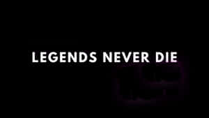 粗體白色文字 legends never die 在黑色背景上帶有紫色光芒 — 黑色 壁紙