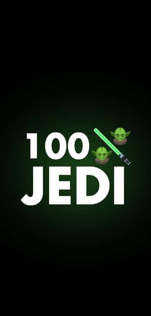 深綠色背景上帶有尤達表情符號和綠色光劍的文字 100 JEDI — Pixel 4 壁紙