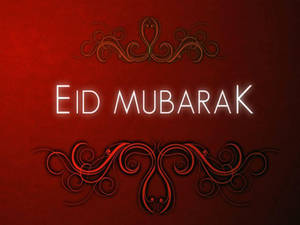 Eid Mubarak 祝福語，帶有發光文字和裝飾性漩渦，背景為紅色 — 4:3 壁紙