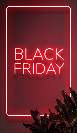 霓虹燈牌寫著「Black Friday」，由深色樹葉框著，背景是紅色牆壁。