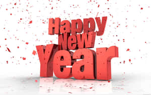 紅色3D Happy New Year文字，白色背景上有飄落的五彩紙屑。 — 新年 壁紙