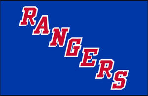 藍色背景，帶有紅色和白色對角 'RANGERS' 文字。 — 紐約遊騎兵 壁紙