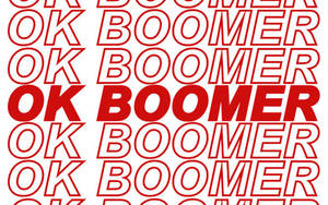 紅色外框的 OK BOOMER 文字在白色背景上以網格圖案重複。 — 字體排印 壁紙