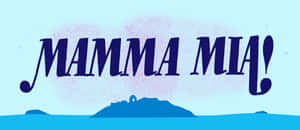 風格化插圖中，粗體紫色 'MAMMA MIA!' 文字在藍色島嶼剪影上方。