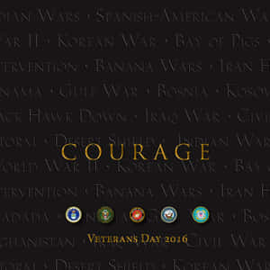 退伍軍人節致敬，金色 'COURAGE' 文字位於雕刻戰爭名稱和軍事服務徽章之上。 — iPad Pro 11 壁紙