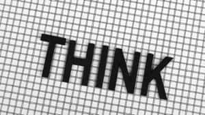 白色網格背景上以粗體黑色字母顯示的單詞THINK。 — 簡約暗黑美學 壁紙