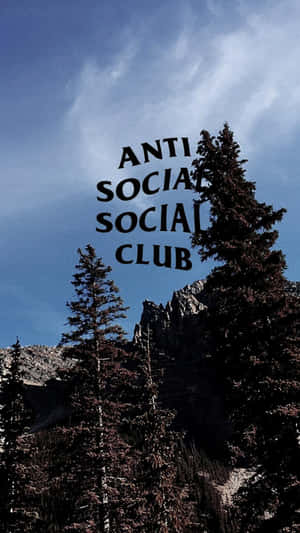 藍天下松樹和山脈上方的粗體黑色文字「anti social social club」 — 藍天 壁紙