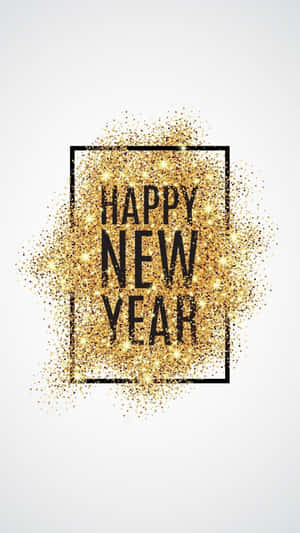 黑色邊框內帶有金色亮粉爆發的黑色新年快樂文字。 — 慶祝 壁紙
