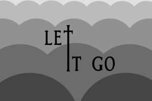 簡約灰色背景，粗體黑色文字寫著「LET T GO」，其中T被十字取代。 — 灰色 壁紙