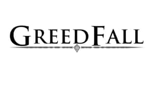 白色背景上的黑色「GreedFall」遊戲標題標誌，帶有裝飾線和鑽石。 — Off white 標誌 壁紙
