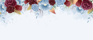 優雅的水彩花卉邊框，淺色背景上帶有紅色和藍色玫瑰。 — 2560x1080 壁紙