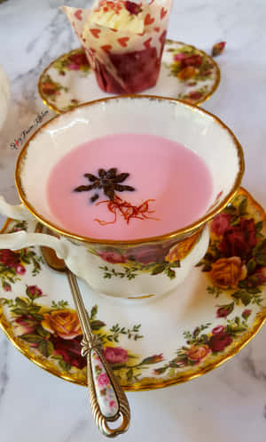 粉紅番紅花茶在花卉茶杯中，搭配八角茴香和絲線裝飾，旁邊有杯子蛋糕在大理石上。 — Tecno Megapad Pro 壁紙