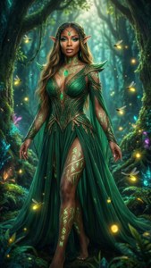 一位身穿綠色長袍的精靈女王，站在螢火蟲閃爍的魔法森林中。 — Doja Cat GIF 壁紙