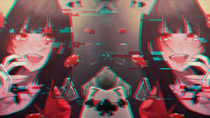 紅眼動漫女孩在帶有故障效果的數位場景中手持撲克牌。 — 狂賭之淵 壁紙