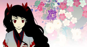 紅眼黑髮的動漫女孩，穿著傳統日本服裝，以花卉為背景。 — 神之塔 壁紙