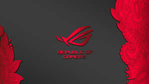 深灰色背景上帶有裝飾性佩斯利邊框的紅色 ROG Republic of Gamers 標誌。