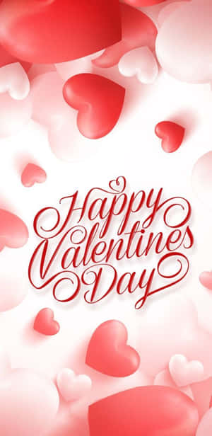「Happy Valentines Day」文字被飄浮的紅色和白色心形環繞。 — 可愛情人節 壁紙