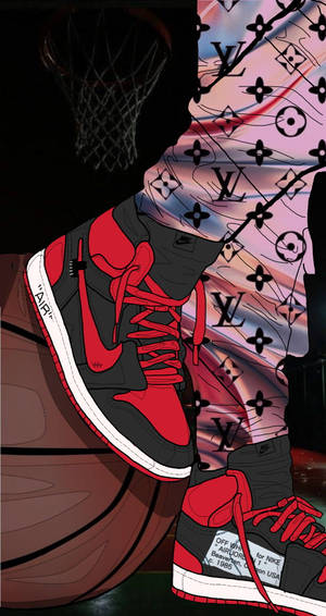 紅色和黑色的Nike Air Jordan運動鞋在籃球架下，旁邊有籃球。 — 卡通鞋子 壁紙