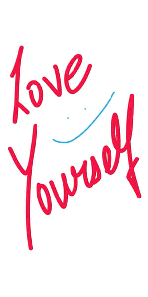 紅色手寫文字寫著「Love Yourself」，並在「Yourself」上方有一個藍色笑臉。 — Pixel 3 壁紙