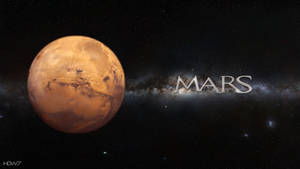 行星火星，帶有金屬字體的「MARS」字樣，背景是星光銀河。 — 火星人布魯諾 壁紙