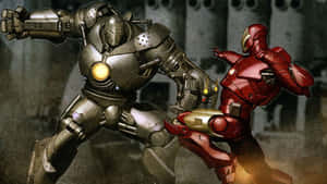 鋼鐵人在塵土飛揚的工業環境中躲避 Hulkbuster 的一拳。 — 鋼鐵人 壁紙