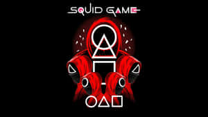 紅色連帽人物手持白色幾何符號，帶有「Squid Game」文字。 — 067 魷魚遊戲 壁紙
