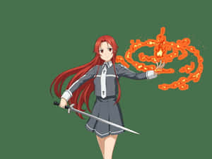 紅髮動漫女孩手持劍和火焰魔法鏈。 — 天蠍座美學 壁紙
