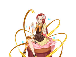 紅髮動漫女孩坐在鼓上，伴隨著金色絲帶和閃光。 — 天蠍座美學 壁紙