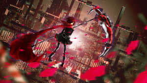 紅髮動漫女孩手持鐮刀，站在未來城市中，紅色花瓣飄落。 — Rwby 壁紙