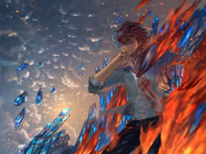 動漫男孩被漂浮的水晶和熾熱的能量包圍，在星空下。 — 轟焦凍 壁紙